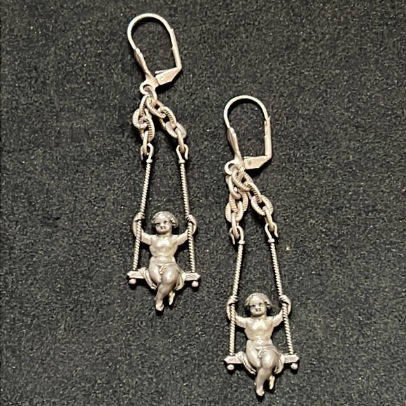 Jewelry - Antique Art Nouveau/ Art Deco Silver Cherub Swinging Chandelier Earrings